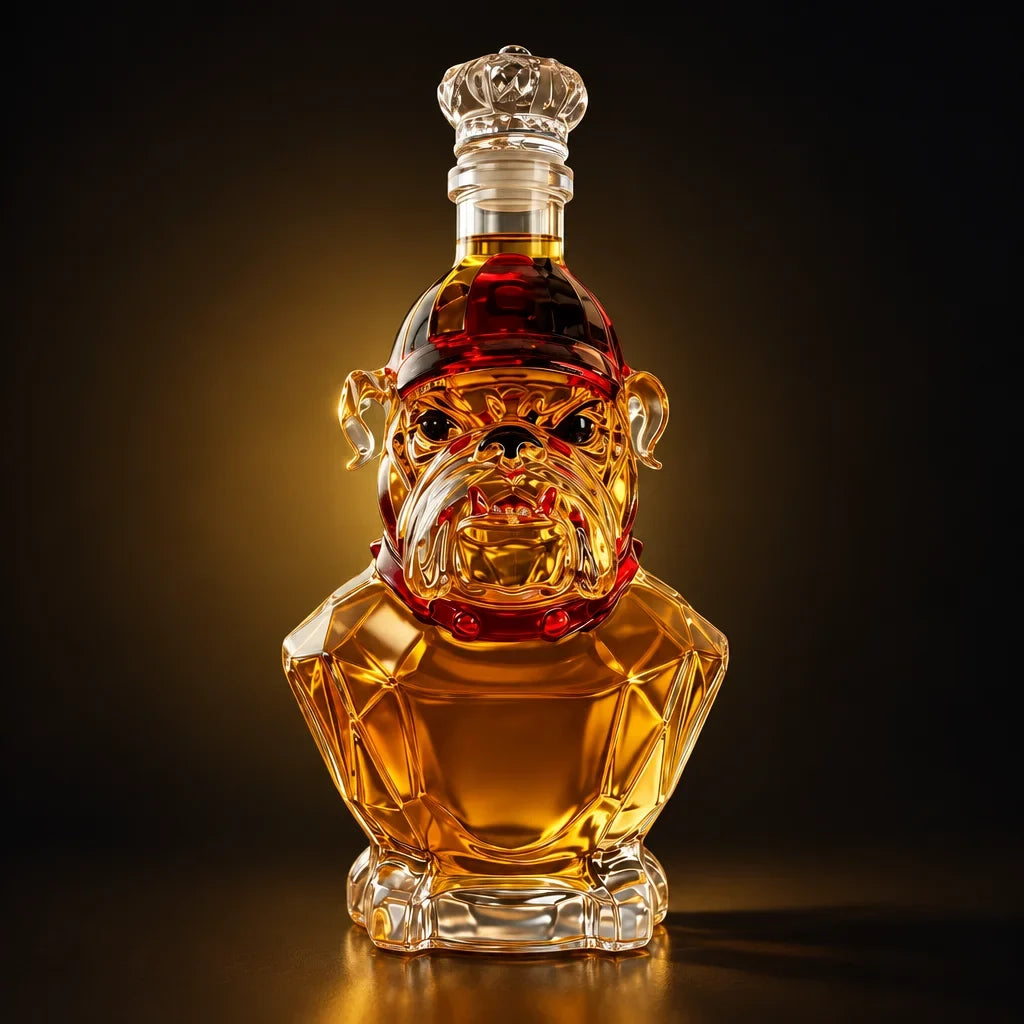 Bouteille décorative bulldog en verre ambré, sans marque